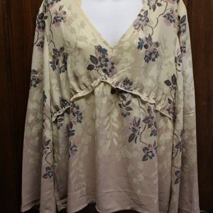 MAURICES Cream Teal Blue Floral Shirt Blouse XXL